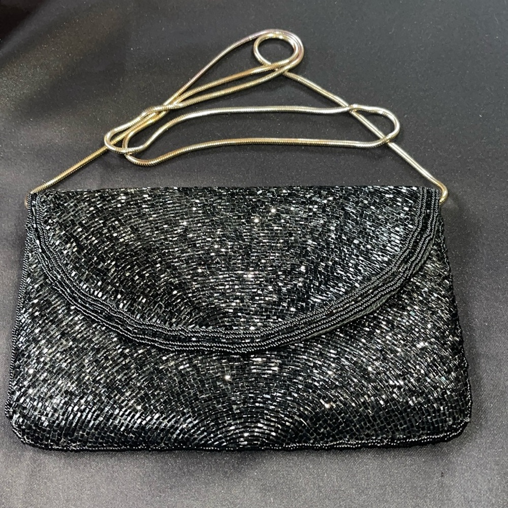 Vintage Black Beaded Cross Body Cocktail, Evening bag.